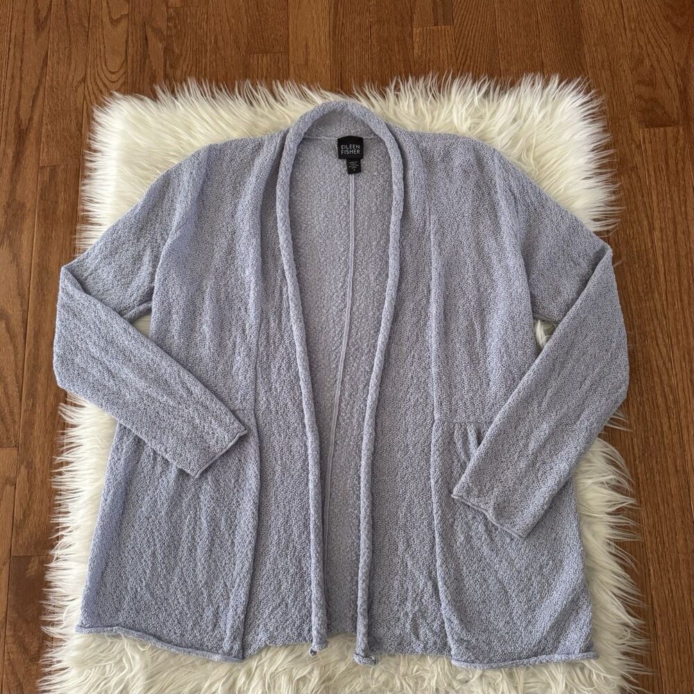 Eileen Fisher Sweater Womens Small Blue 100% Wool Knit Lightweight Cardigan Boho